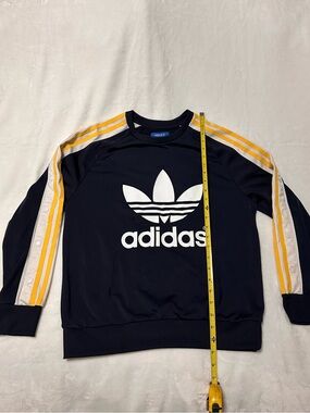 adidas Rita Ora Navy Crew Sweatshirt with Yellow Shoulder Stripes